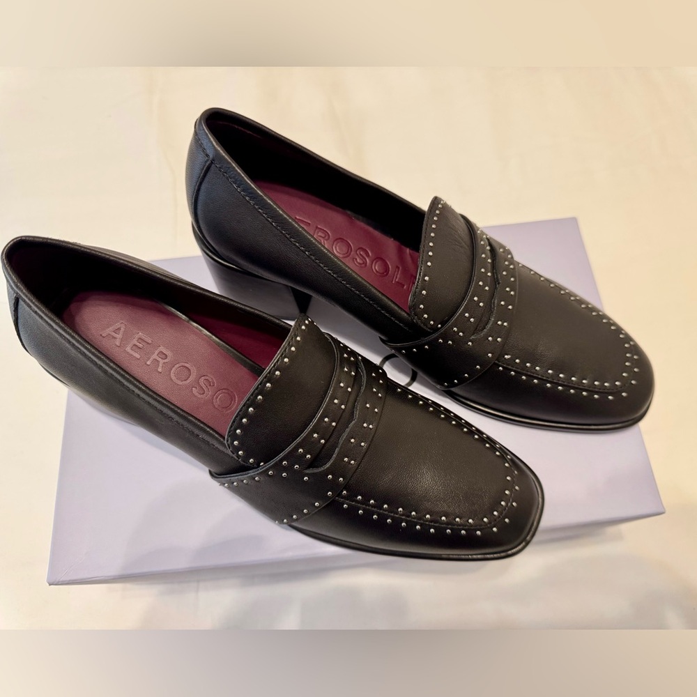New Aerosoles Ardore Studded Block Heel Loafer Black Leather Size 7.5M
